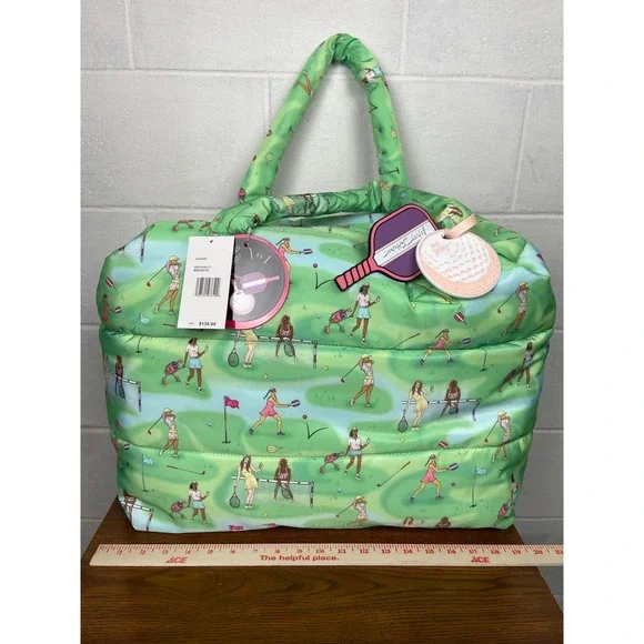 NWT Betsey Johnson Golf Tennis Print Puffer Large Travel Tote Bag Green Multi - Picture 7 of 13